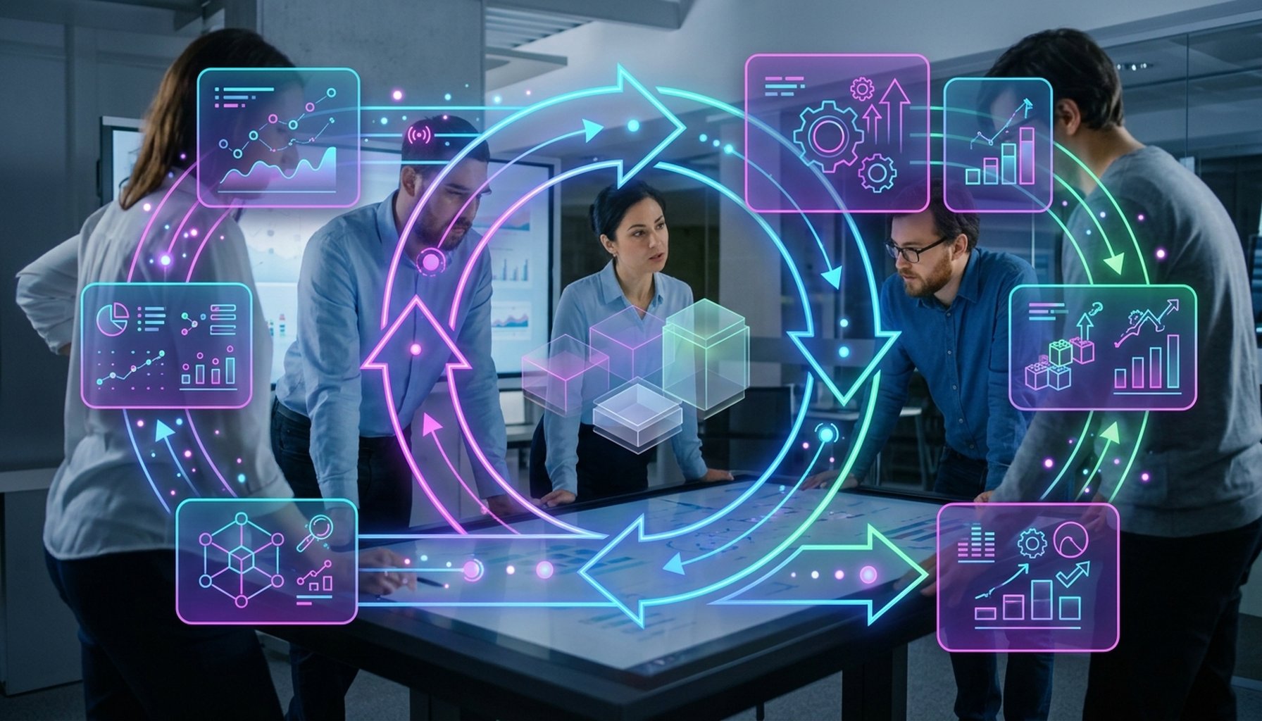 7 Proven Hospitality AI Agents Transforming Hotel Reservations & Guest Support 7 A circular infographic showing a continuous cycle of optimization, feature enhancements, and strategic guidance, with a transparent pricing chart nearby.