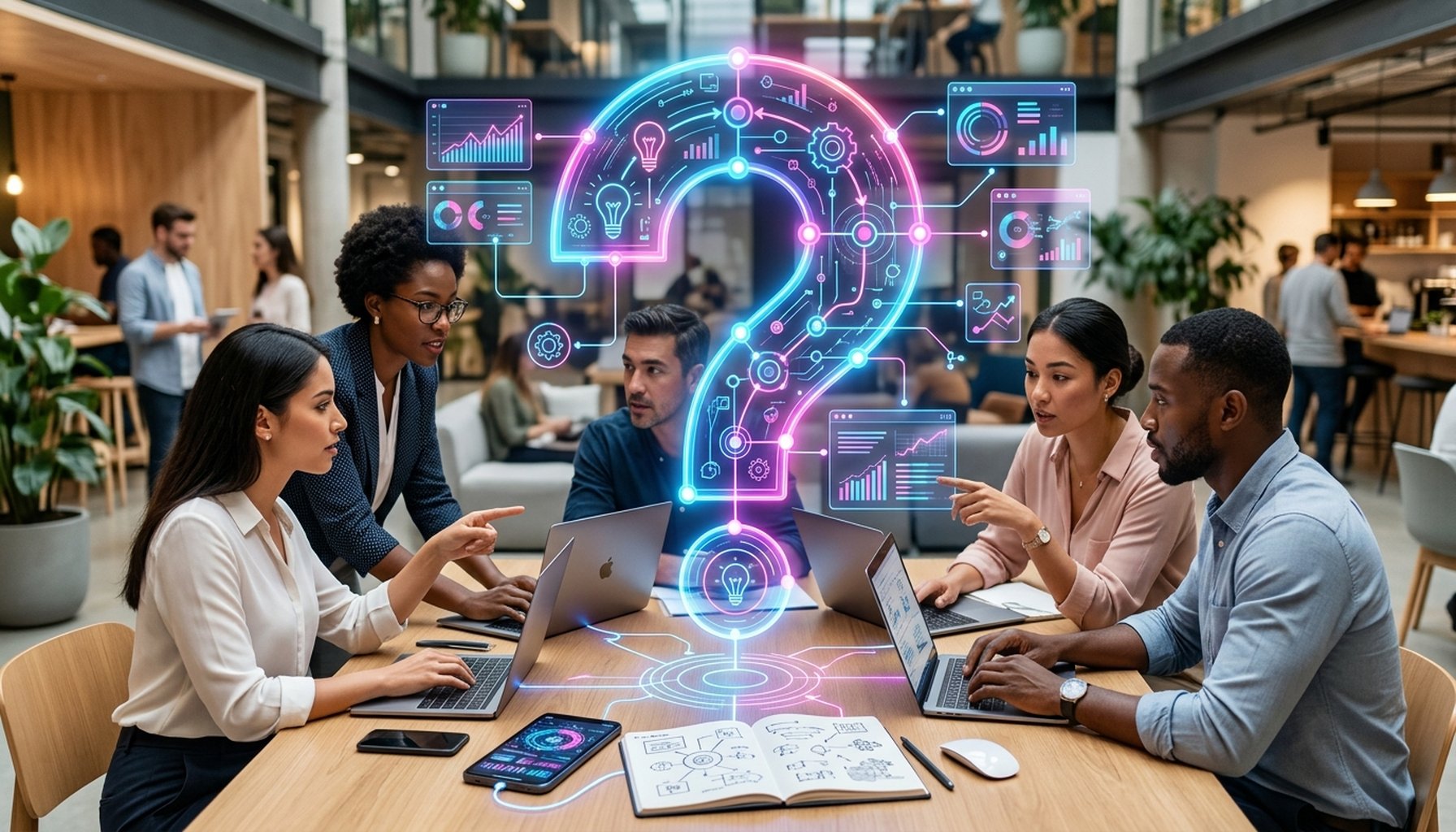 Agentic AI For The UAE & GCC: What Is it & Why Your Business Needs it. 8 An abstract, stylized question mark composed of glowing, interconnected digital elements, symbolizing frequently asked questions, learning, and iterative development in AI.