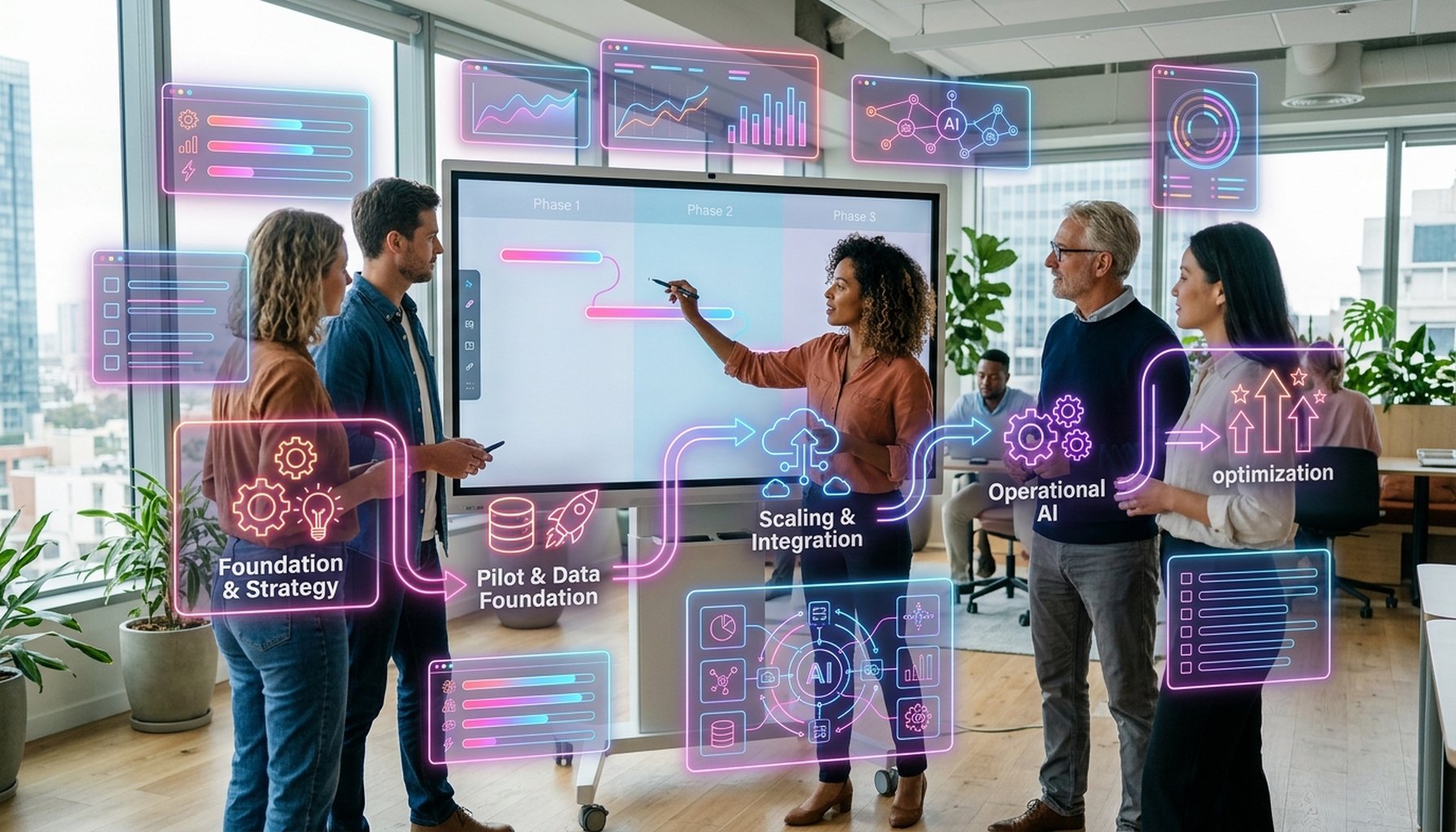AI Agent & Chatbot Development Cost in Dubai: The Complete 2026 Pricing Guide with ROI Strategies 7 An illustrative roadmap depicting a phased approach and key milestones for an AI transformation journey.