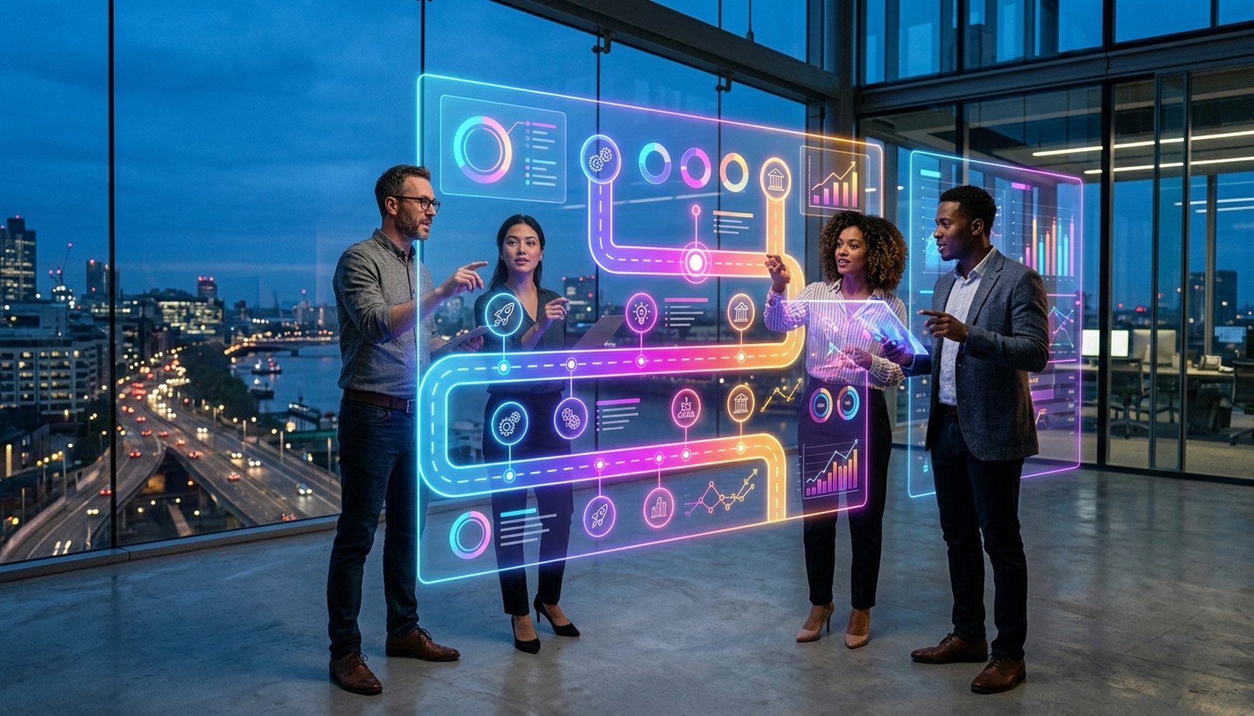Agentic AI For The UAE & GCC: What Is it & Why Your Business Needs it. 9 A clean, professional digital roadmap or blueprint with glowing strategic points and directional lines, symbolizing an AI implementation roadmap for business success.