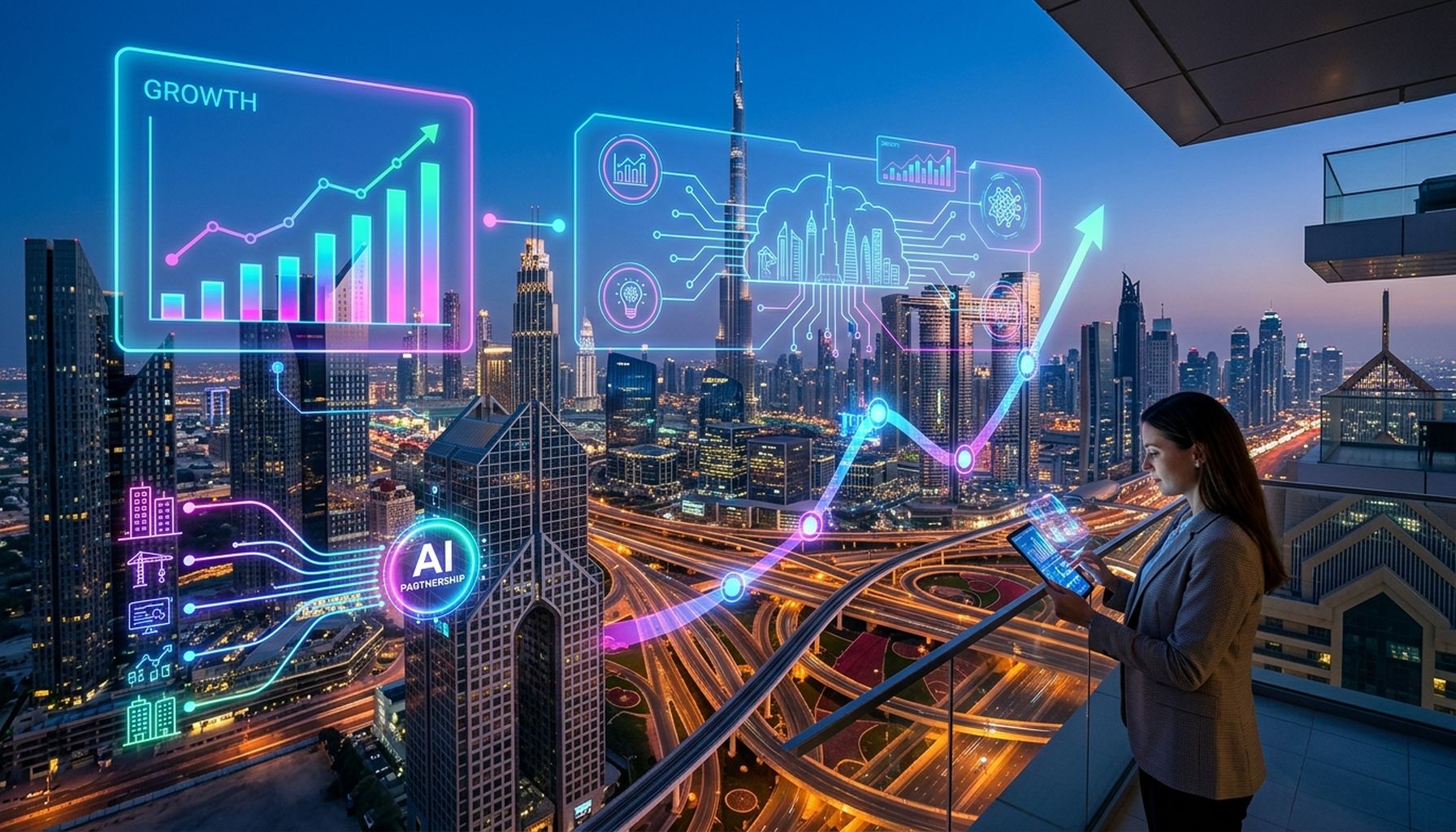 20+ Essential AI Agents and Intelligent Chatbots for Automating Dubai Real Estate 6 A futuristic and dynamic representation of the Dubai real estate market, showing rapid growth and innovation, with abstract elements suggesting AI integration and strategic partnerships driving future success.