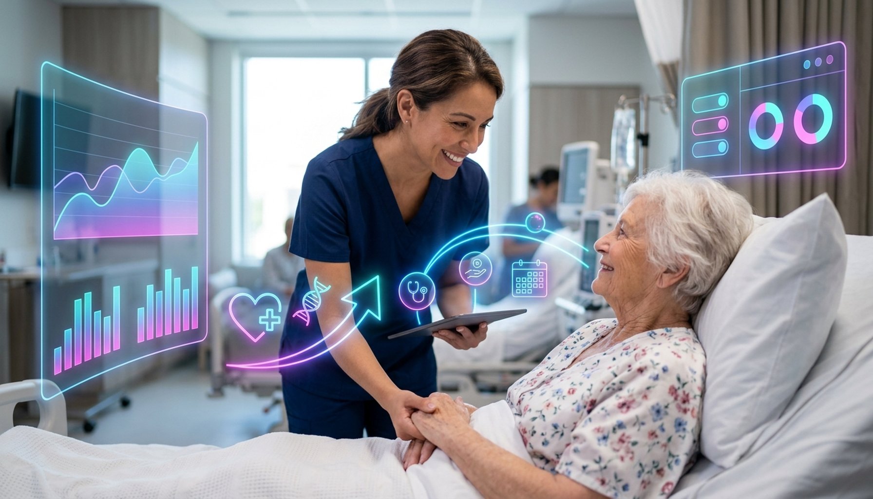 Healthcare AI Agents & Chatbots UAE: Transforming Compliance and Patient Service 9 A futuristic, clean design showing digital elements converging around a central, glowing orb, symbolizing the patient-centric future of UAE healthcare and successful digital transformation.
