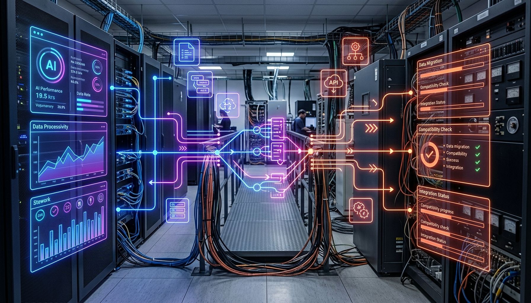 7 Proven Hospitality AI Agents Transforming Hotel Reservations & Guest Support 8 Abstract illustration depicting modern AI systems digitally bridging and synchronizing data with older, legacy infrastructure, symbolizing seamless integration.