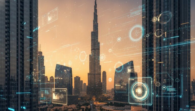 Contact 12 Agentic AI Dubai businesses transformation with futuristic skyline and AI neural networks