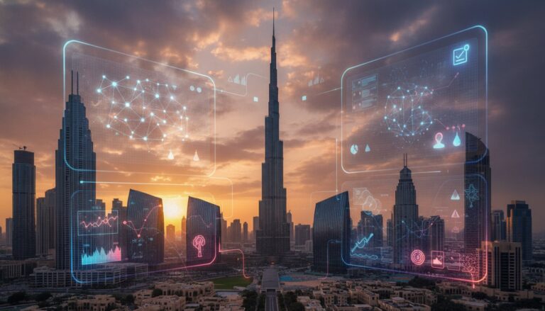 Home 25 Agentic AI ROI Dubai business transformation with futuristic skyline and digital neural networks