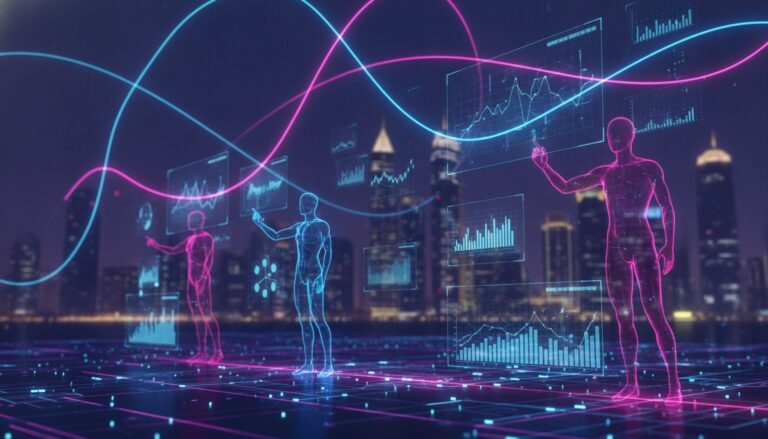 Home 25 Abstract visualization of AI marketing automation in the UAE, showing data flow and digital growth for businesses.