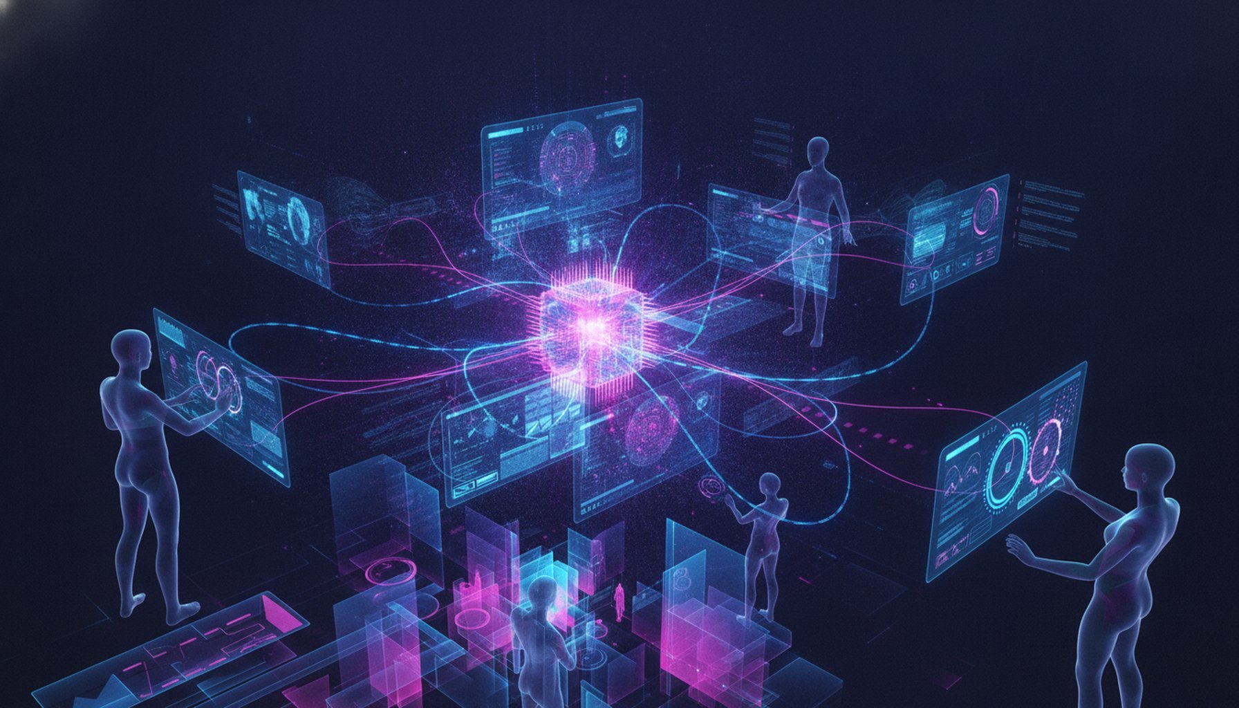 Transforming Businesses With Marketing Automation: Proven Strategies & Approach 2 An illustration showing data insights generated by AI flowing from a central intelligence hub to various decision-making points within an organization, symbolizing strategic planning.