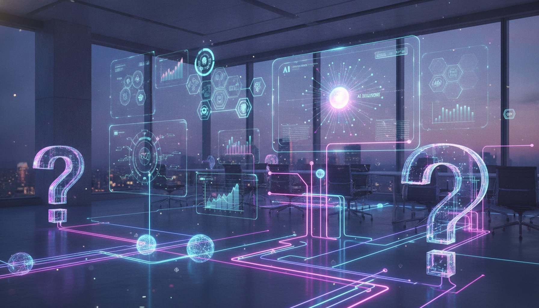 FAQ concept illustration with question marks and AI technology network connections