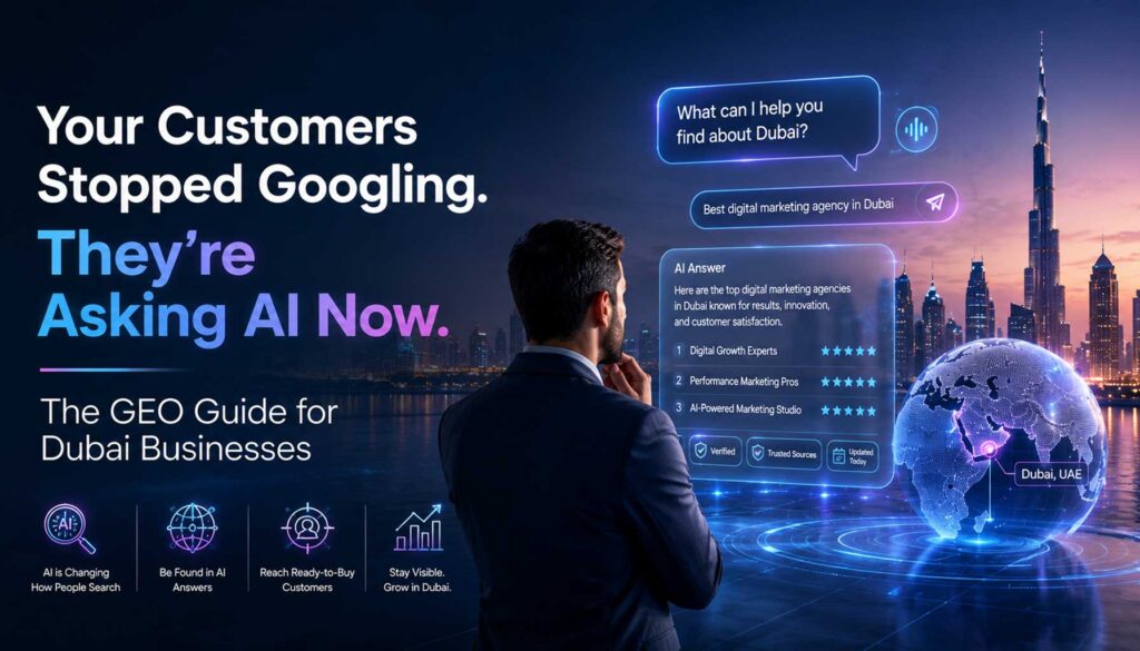 Your Customers Stopped Googling. They're Asking AI Now: The GEO Guide for Dubai Businesses 1 GEO for Dubai businesses guide showing AI search optimization and Dubai skyline with digital technology overlay