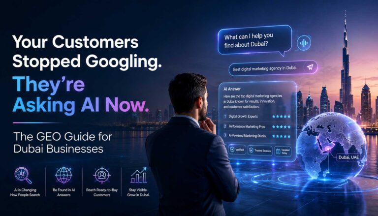 Home 25 GEO for Dubai businesses guide showing AI search optimization and Dubai skyline with digital technology overlay