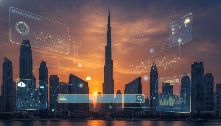 Home 25 GEO for Dubai businesses guide showing AI search optimization and Dubai skyline with digital technology overlay